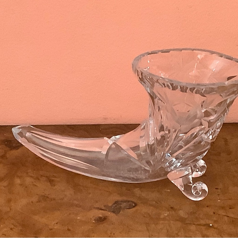 Vintage Glass Crystal  Cornucopia Horn Footed Vase -Read